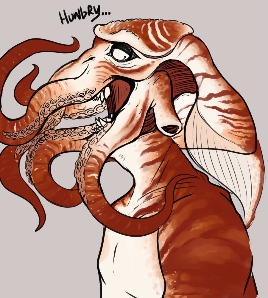 Art of the unusually colored illithid, Xav'ir with it's jaws open and glancing towards the viewer. It projects the word "hungry" with its psionics  