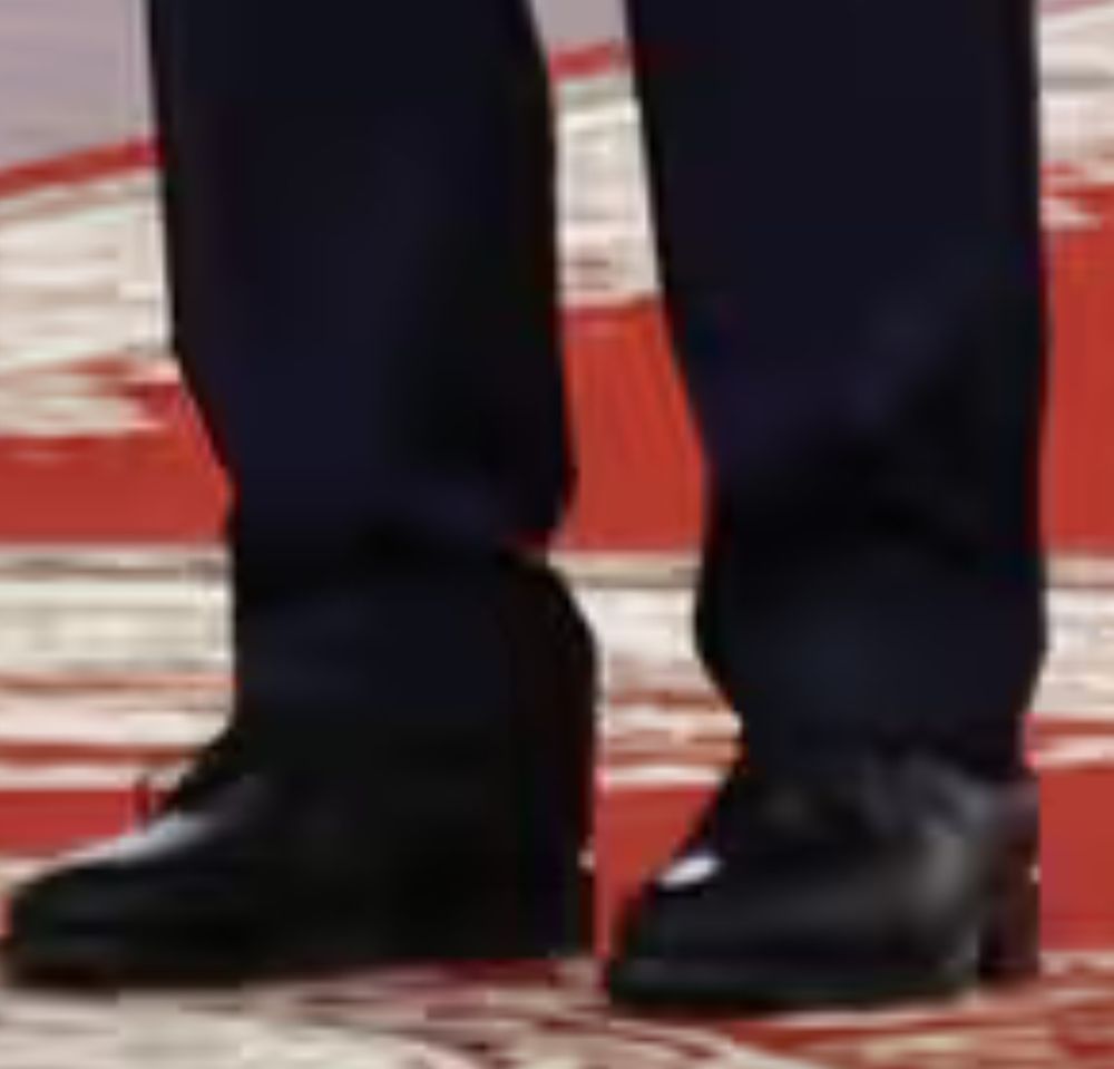 The same photo, zoomed in on Putin's shoes, which show that he's wearing heels of at least an inch.