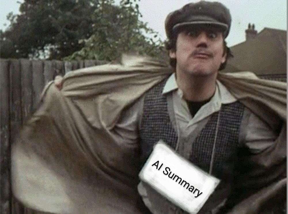 From the front, the flasher is fully clothed but wearing a sign saying 'AI Summary'.