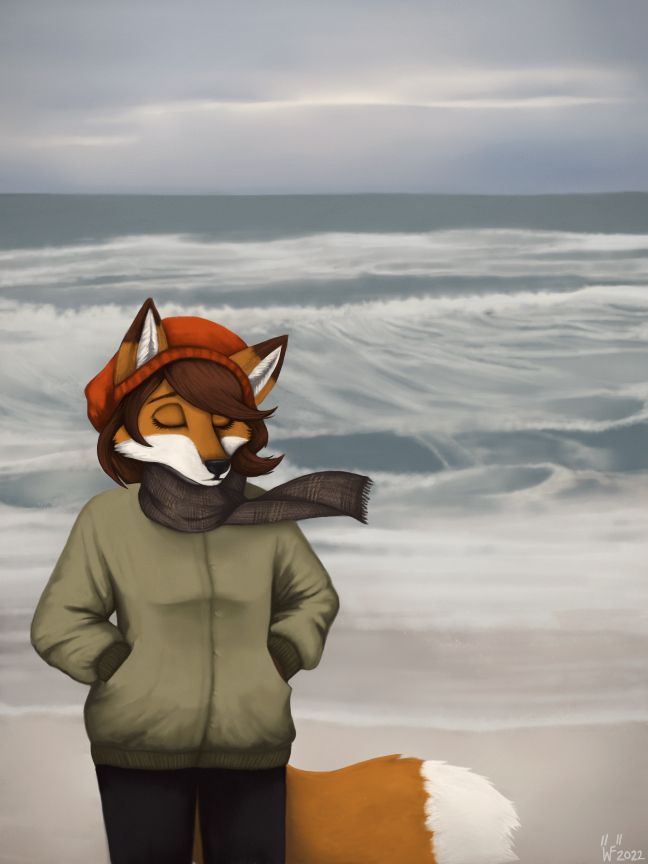 An anthropomorphic red fox with brown hair wearing an orange toque, olive green coat and black pants faces the viewer with a solemn look before a background of a grey and gloomy day in front of the sea
