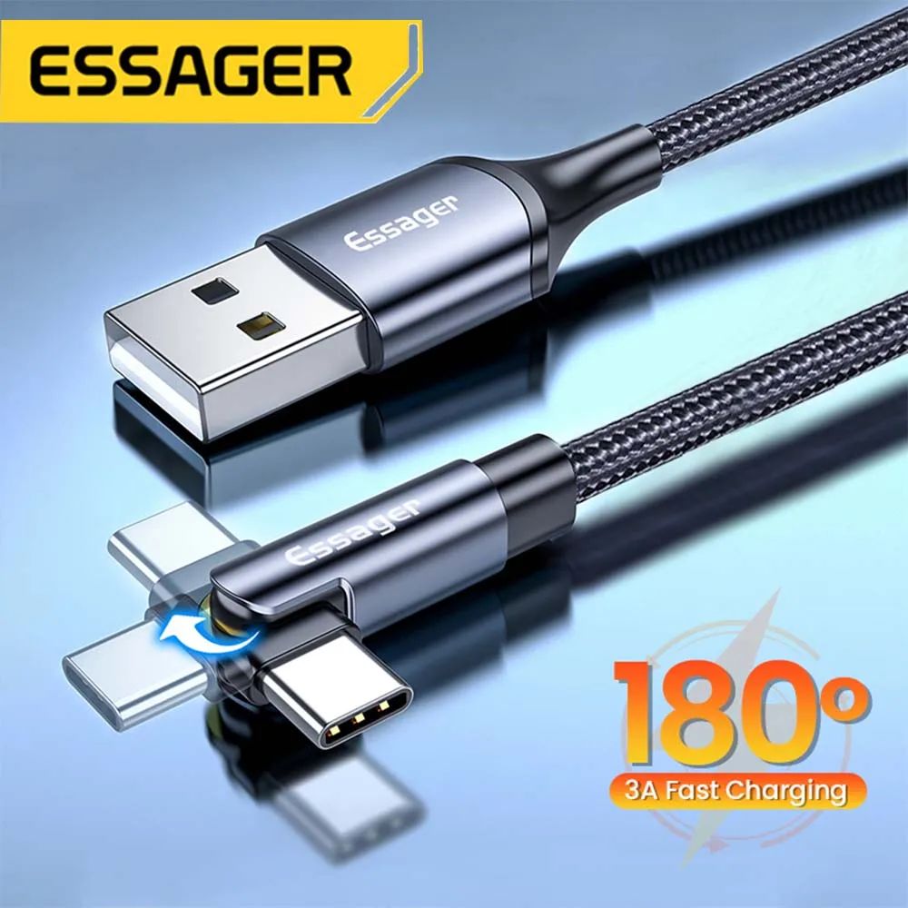 Essager 180° Rotate Micro USB Type C Cable For Samsung Xiaomi 3A Fast Charging USBC Cable 90 Degree Phone Cable Data Wire Cord