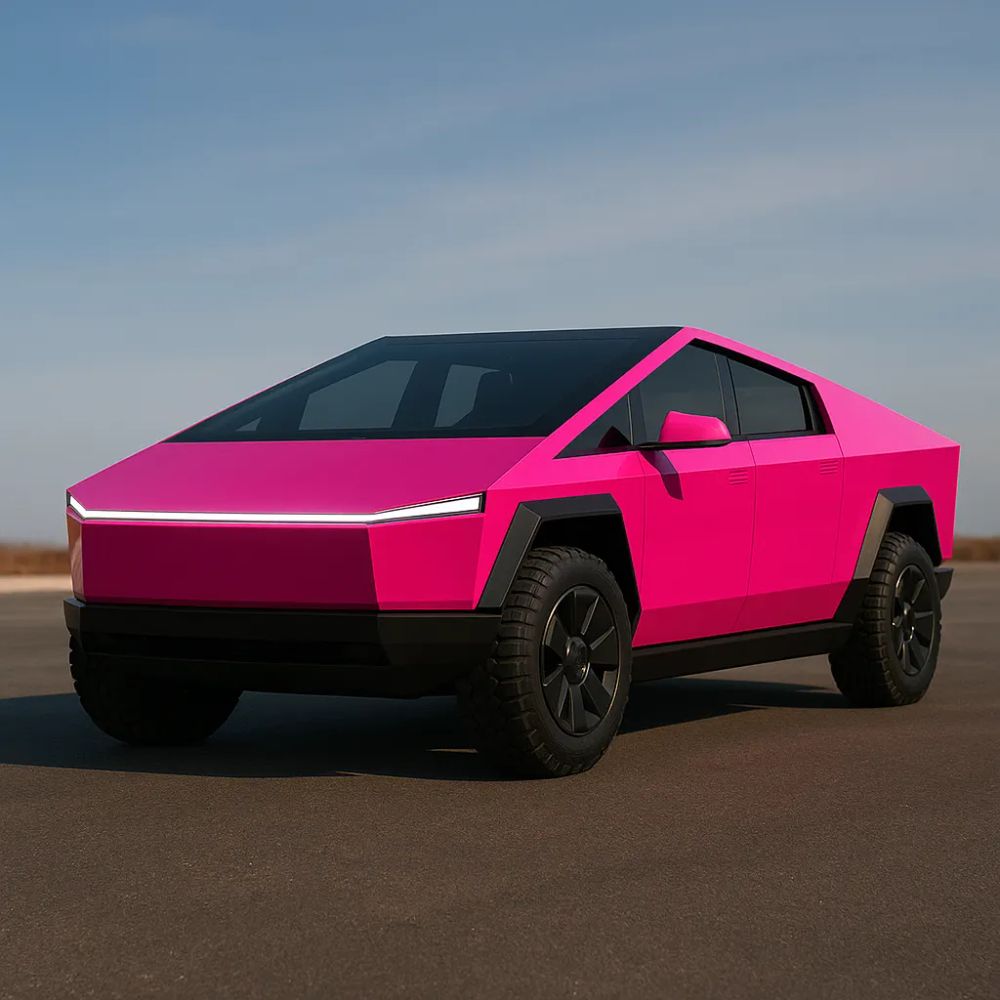 A hot pink electric pickup truck with a futuristic, angular design is parked on a paved surface under a clear blue sky. The truck has a matte finish, large black wheels, and a continuous LED light bar on the front.