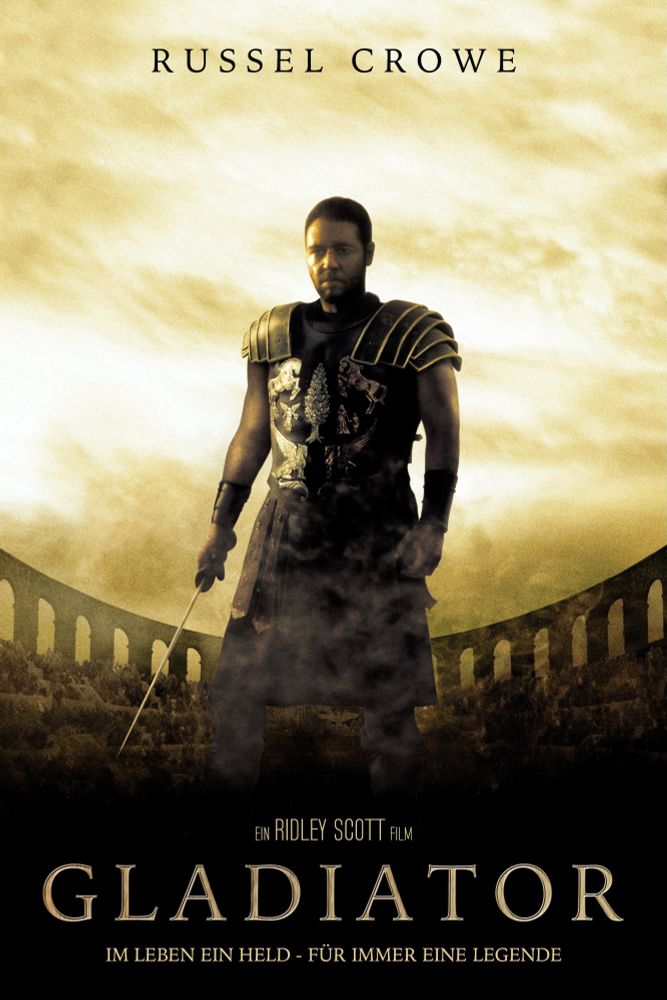 Movie poster for Gladiator: Russell Crowe stands in Roman armor silhouetted against a cloudy or smoky sky, framed by the Coliseum's skyline below.