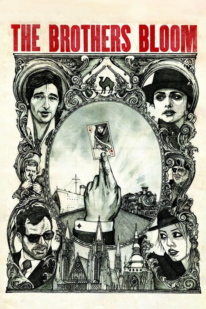 Black & white ink drawing of a movie poster for The Brothers Bloom, made to look like a playing card, with four character portraits in the corners around a hand emerging from a suit sleeve holding the Queen of Hearts.