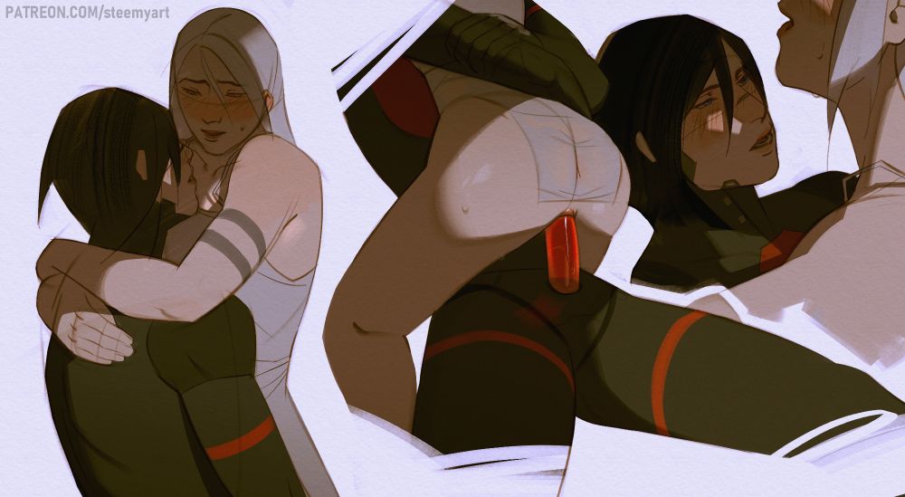 Signalis NSFW fanart. Elster is using a built in dildo on Ariane, holding her tightly while Ariane sits on top of her, sweating and blushing.