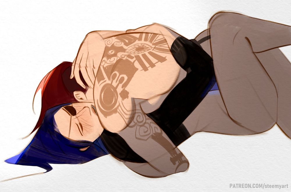 A digital drawing of post-canon Caitlyn and Vi from Arcane. Cait is laying on her back, nude from her waist down and black turtleneck sweater pushed up over her chest. She is wearing a black eyepatch, and is blushing profusely with her eyes closed in pleasure. She has her arms and legs tightly wrapped around Vi on top of her - Vi is pressed against Caitlyn, kissing her neck. She is nude save for the strap-on attached to her waist - the dim blue slither of a hex dildo is visible between the two, pressed flat onto Caitlyn's stomach.