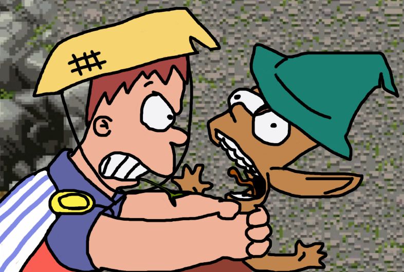 An image of Homer Simpson choking his son Bart redrawn to depict Shiren the Wanderer choking the Bow Boy enemy from the mystery dungeon series.