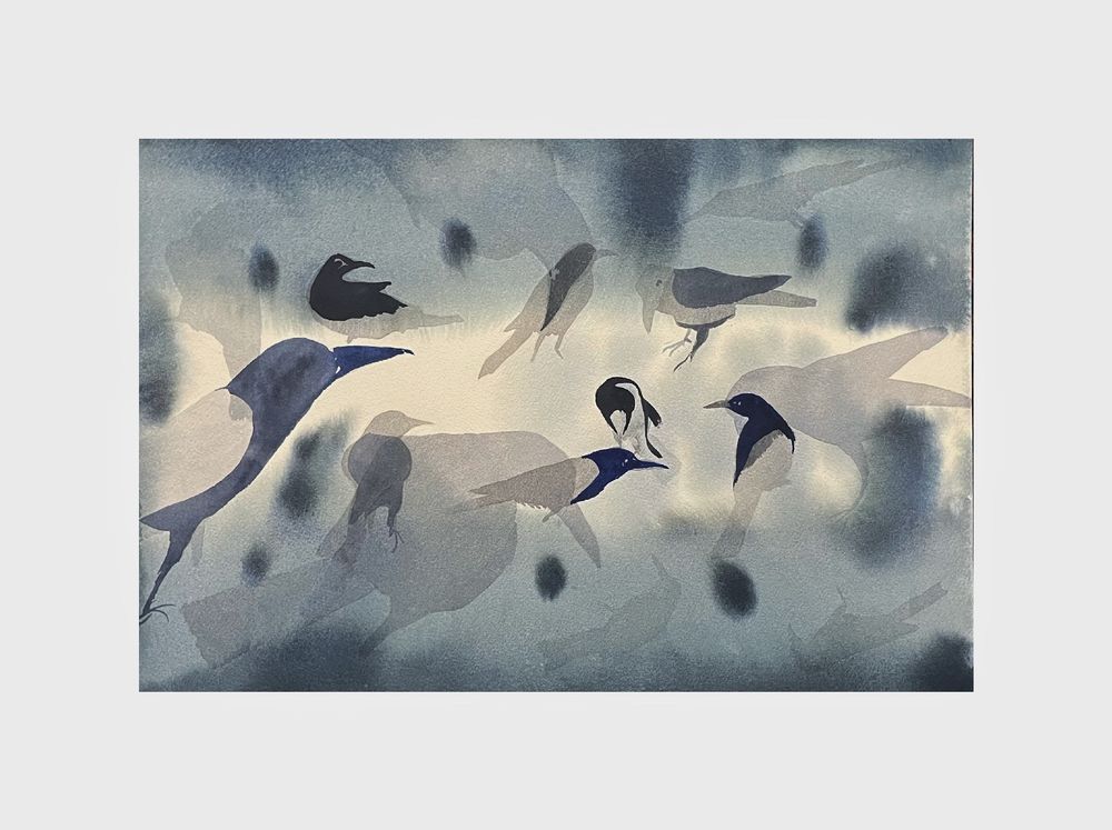 A watercolor painting featuring various crows in shades of blue and gray, set against a soft, abstract background. The composition captures silhouettes and outlines of the birds, creating a sense of movement and depth.