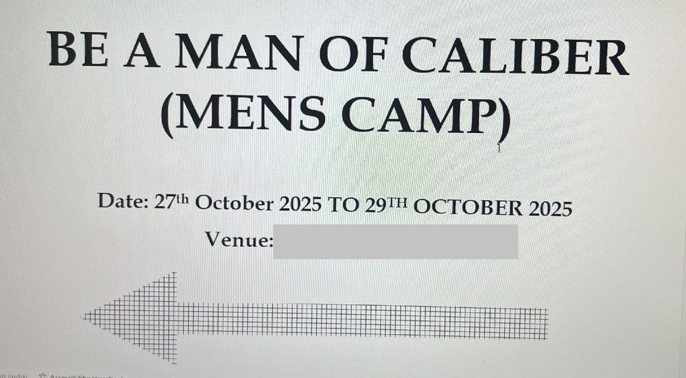 A poster for a men's camp titled "Be a Man of Caliber." The event is scheduled from October 27 to October 29, 2025, with the venue being blanked out. An arrow graphic points to the left.