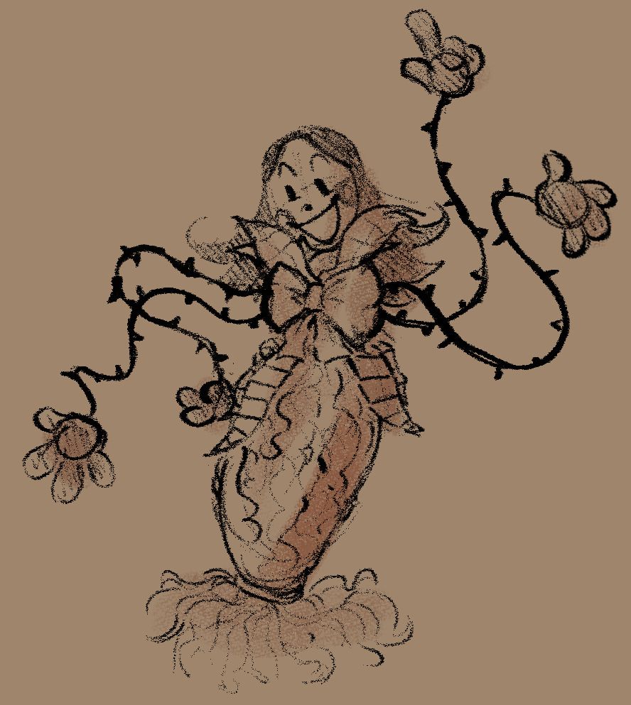 A sketch drawing of Cobigail from Great God Grove. Her arms are spiraled out and she have a big bright smile on her face.