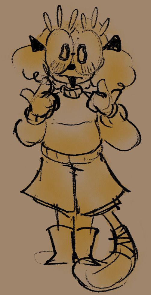 a sketched drawing of Hector from Great God Grove, standing upright and pointing at himself with both hands.