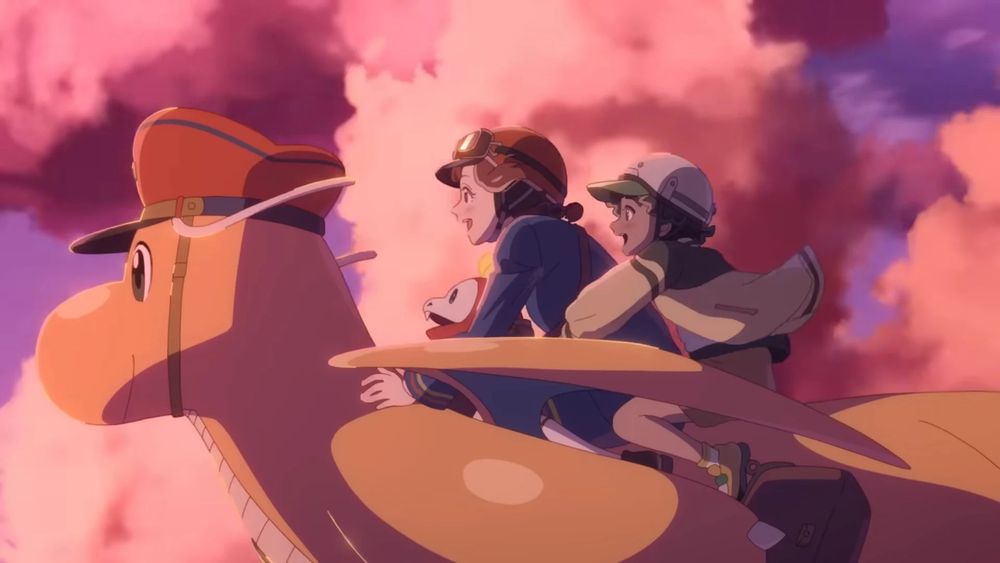 Screenshot from Dragonite and the Special Delivery.

Dragonite flies into the sunset with Hana (middle) and Rio (right) on its back, as they fly to deliver Rio's father a special letter.