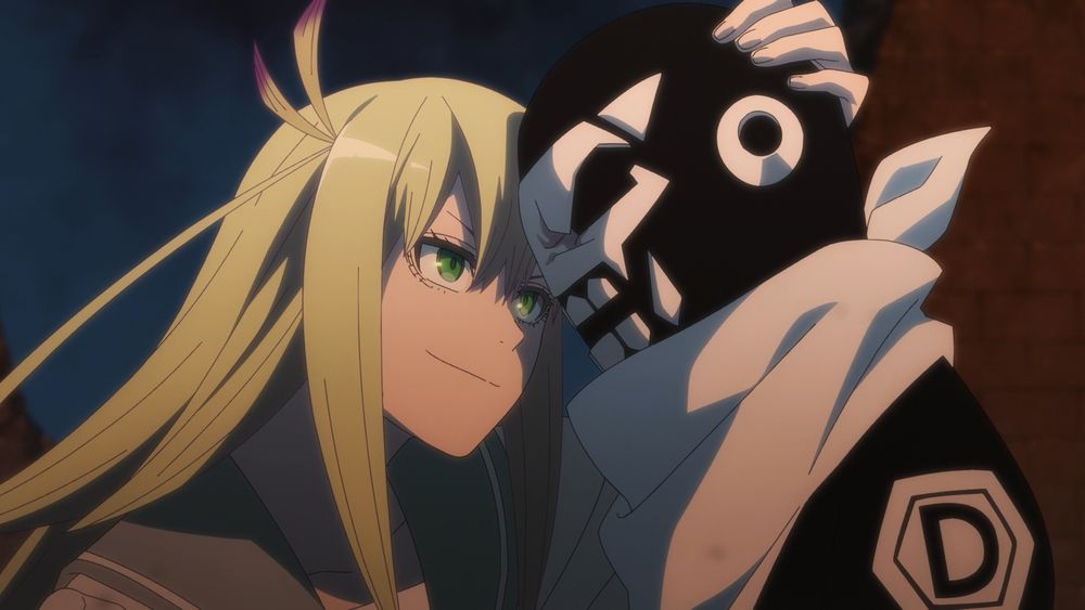 Screenshot from Go! Go! Loser Ranger! Season 2.

Kanon (left) lightly headbutts Fighter D, as they make a plan to stop Yakushi.