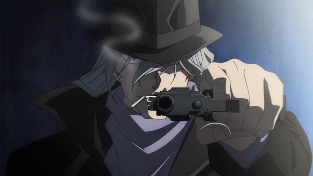 Screenshot from Detective Conan: The Darkest Nightmare.

Gin smiles while smoking a cigarette and pointing a gun towards the camera.