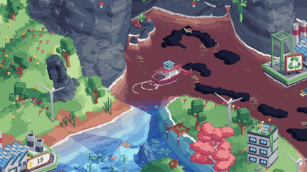 Screenshot from Spilled!

A boat slowly cruises down a canal as it cleans up debris and oil.