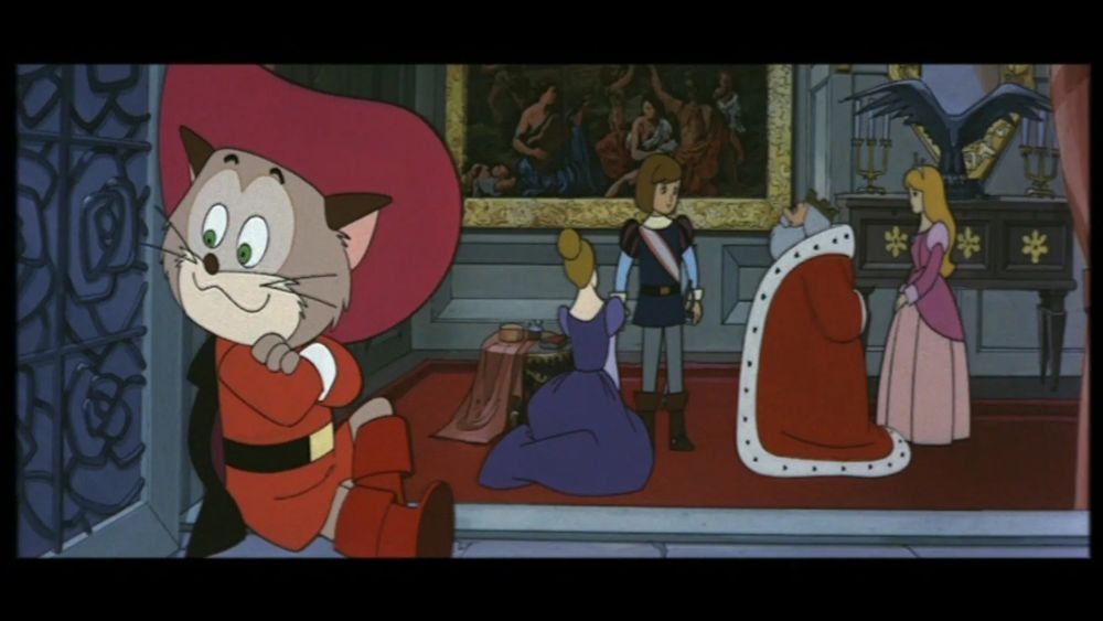 Screenshot from The Wonderful World of Puss n' Boots.

Pero stares off at Daniel & Lemone get shooed away by a guard, as Pierre is fitted into royal garb while talking to the King and Princess Rose.