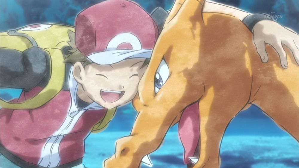 Screenshot from Pokemon Origins.

A watercolor-style freeze frame, as Red smiles and embraces his Charizard after successfully fighting and capturing Mewtwo in Cerulean Cave.
