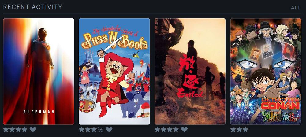 Four movie posters from my Letterboxd account's recent activity. From left to right: Superman (2025), The Wonderful World of Puss N' Boots, Exiled and Detective Conan: The Darkest Nightmare.