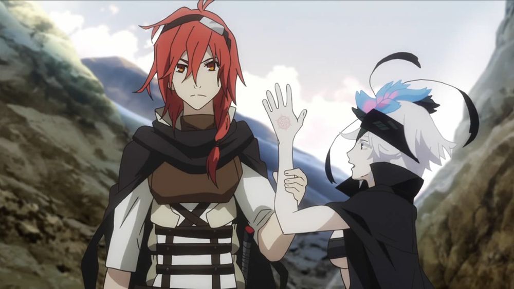 Screenshot from Rokka -Braves of the Six Flowers-.

Adlet (left) holds up Fremy's (right) arm, showing the Brave crest on the back of her hand to Nashetania and Goldof.