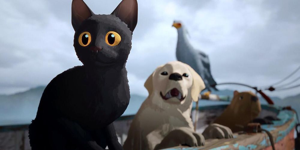 Screenshot from Flow.

A black cat, golden retriever, capybara and secretarybird sit in a rickety boat, as they stare off into the distance.