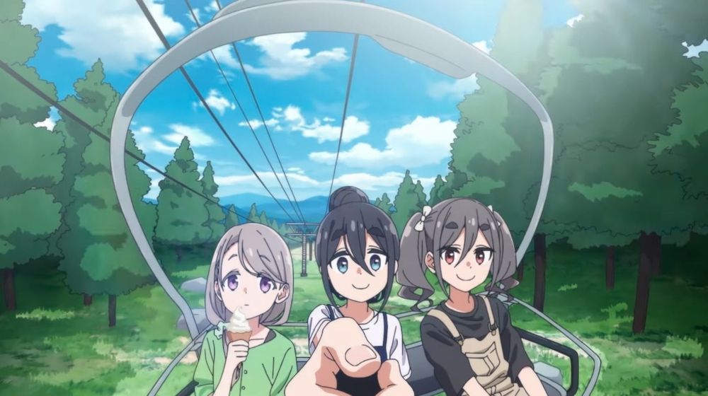 Screenshot from mono.

Sakurako (left), Satsuki (middle) and An ride a lift up a mountain through some trees. The view is from Satsuki's 360 camera, as everyone poses for it. Sakurako is also holding a ice cream cone as well.