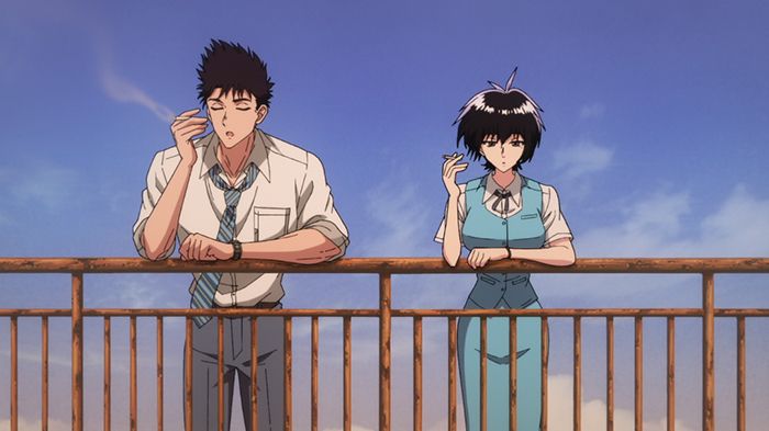 Screenshot of Kowloon Generic Romance.

Hajime (left) and Reiko talk to each other while smoking on top of a rooftop.