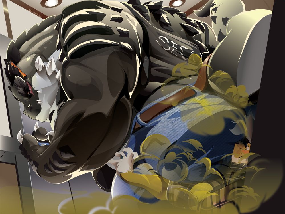 Digital drawing. A low-angle shot of huge anthro reptile dude in an elevator. He's wearing a black tank top reading security" in his back and a pair of jeans. Looking down at his phone, he doesn't notice he's pressing his wide, round bum against an anthro wolf guy's face, pushing him against the back of the cage. He's letting out a heavy fart, filling the space behind him and dousing the wolf guy in yellow fumes, his eyes going up in relief.