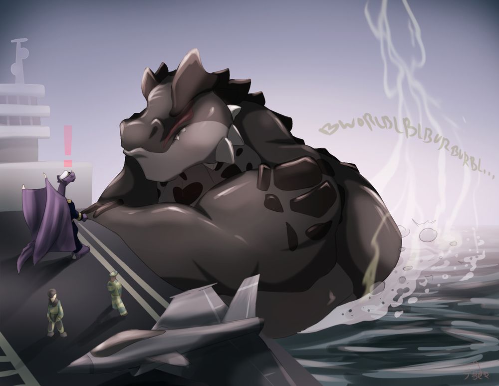 Kaiju-sized Kothu suddenly winces, like he's pushing something. Tremor on the wocen surface appear around him, especially behind him, taking the shape of giant bubbles producing a gross, boiling sound. Fumes are rising from the bubbles. The purple dragon commander is surprised, an exclamation point above his head.