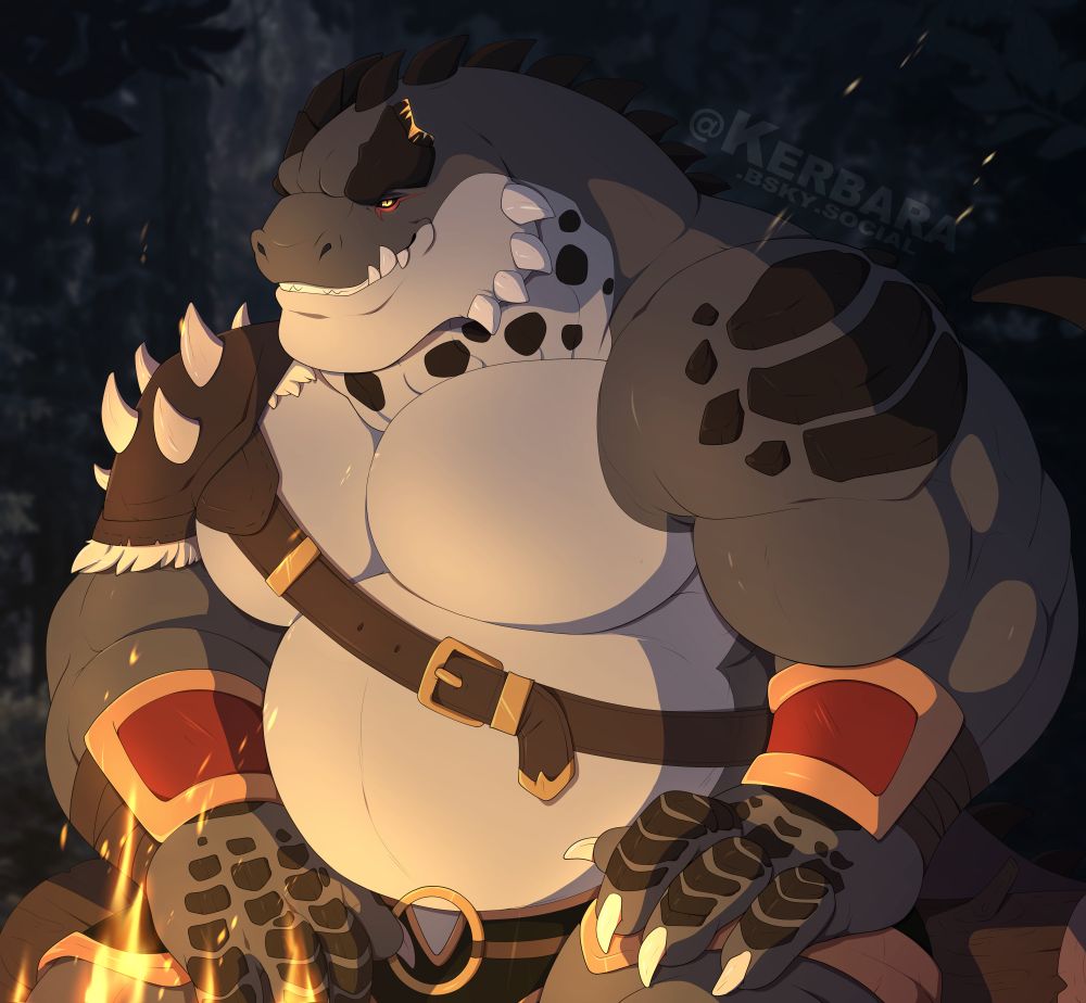 Digital artwork. In a fantasy setting, Kothu is shown sitting around a campfire, at night, in a forest. Sitting on a tree log, he smiles at the viewer. He's pictured in a bara artstyle, with huge, bulging muscles, quite visible considering the few equipment he wears: a single spiky shoulderpad, bracers on his forearms, and an armored belt. 