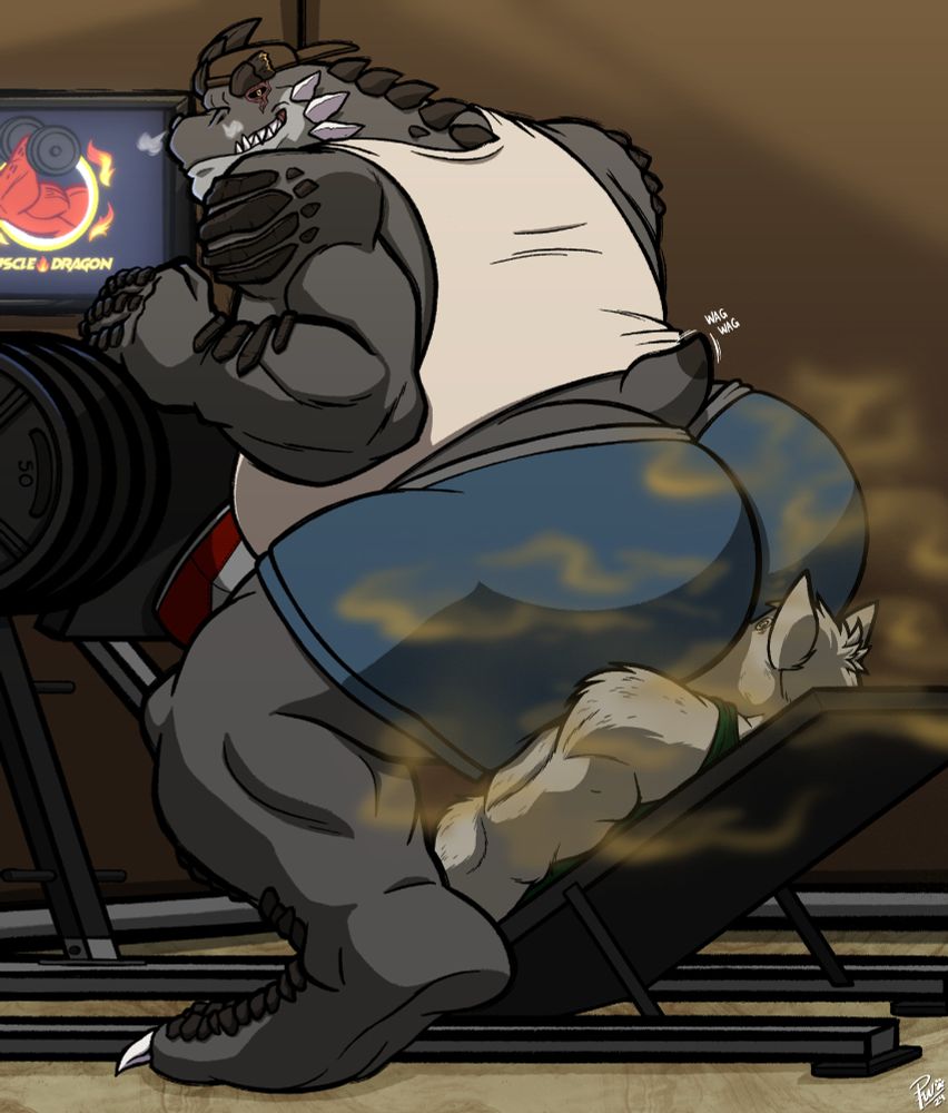 The leg press situation but with college-years Kothu sitting his massive behind on the face of a gray wolf-like dude after dropping a big gas bomb on him. Kothu wears a white tank top and blue shorts fitting his backside and thighs, wedged up in his crack. Fart clouds surround his backside, and visible stench fumes are rising from his buttcheeks. Kothu's letting out a sigh of relief, wagging his stub of a tail, and grinning down at the dude below him, who's completely dazed from the stench.