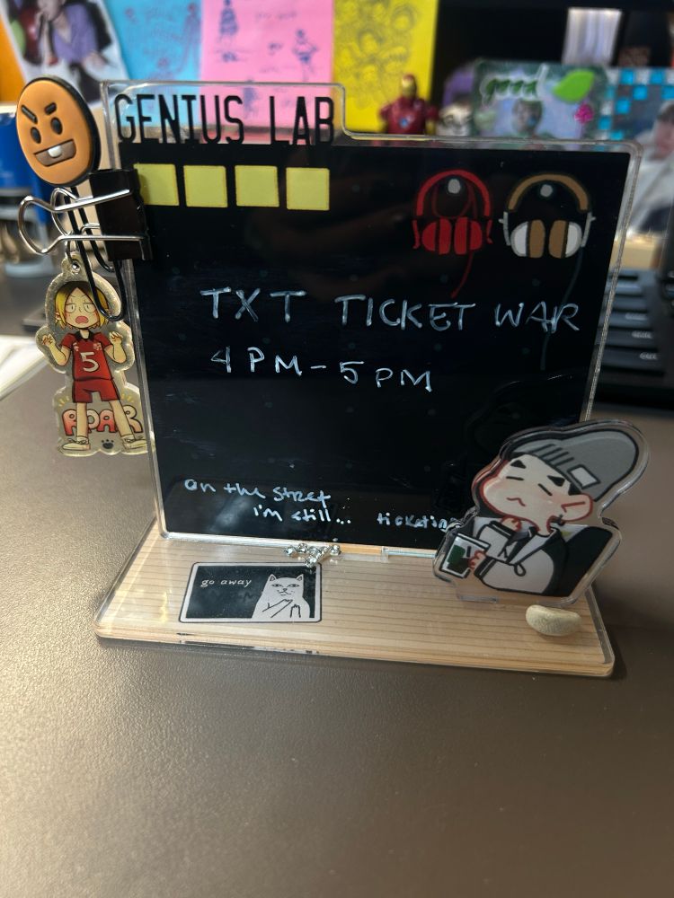 mini plastic genius lab and yoongi for writing notes on. Mine says “TXT TICKET WAR 4PM-5PM”