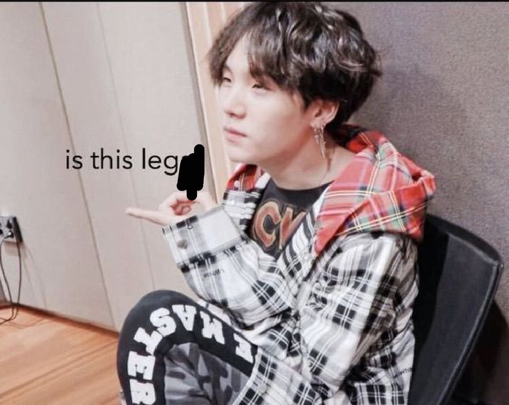 yoongi pointing meme with the text “is this legal” but the “al” is scribbled out so it says “is this leg”