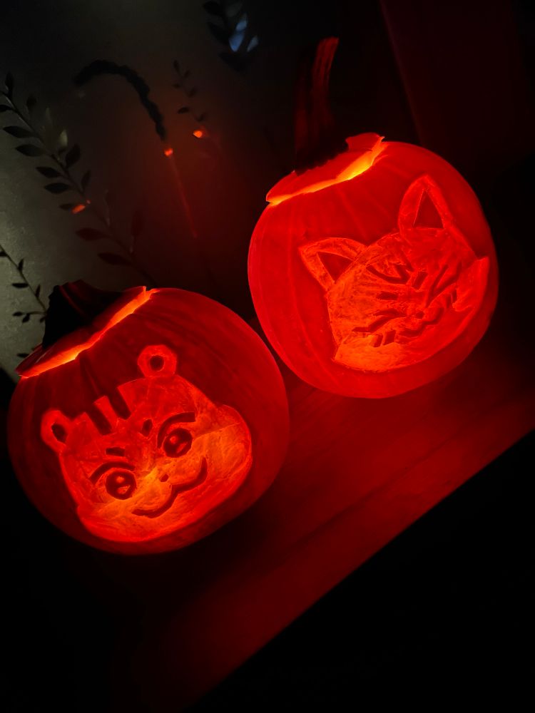 jjoongrami and sandeoki carved into small pumpkins because I am always making aniteez out of produce