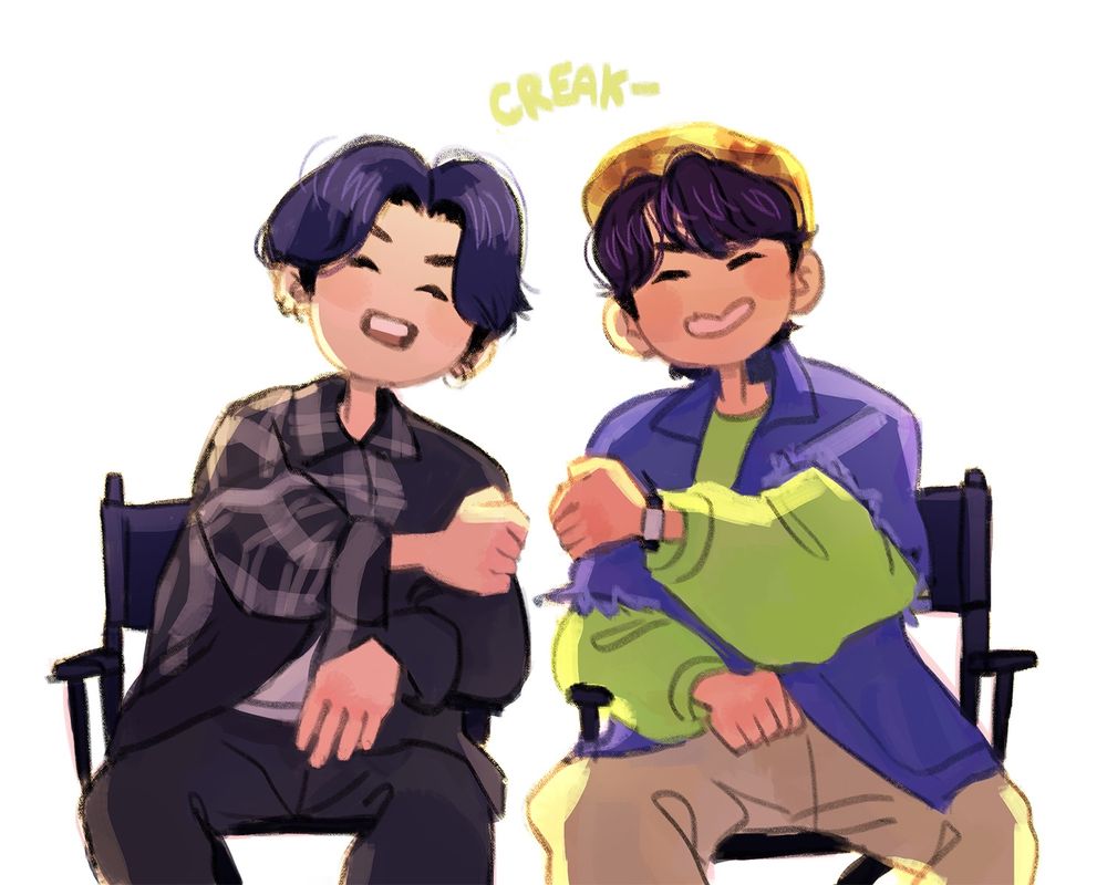 drawing of yoongi and hoseok opening to doors to hwagae market i mean bluesky