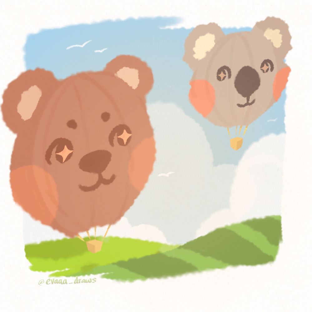 Image of a cute brown bear hot air balloon smiling at a koala shaped hot air balloon while floating above a valley in a cloudy sky