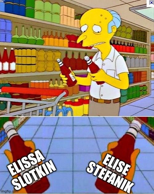Mr. Burns uncharacteristically shopping for groceries for himself, holds a bottle of ketchup (“Elissa Slotkin”) and catsup (“Elise Stefanik”) looking bewildered.