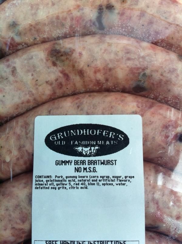 A package of uncooked “gummy bear bratwurst” which are exactly what they sound like, from Grundhofer’s Old-Fashioned Meats 