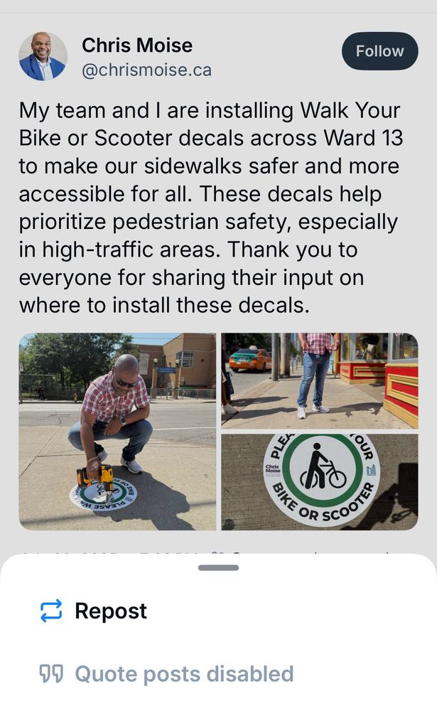 A screenshot of Councillor Chris Moise’s silly post about putting “walk your bike” decals on the sidewalk adjacent to an extremely dangerous stretch of Parliament St that features no infrastructure. 