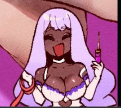 Jacinthe from the image being responded to, the tiny little chibi in the corner, shown holding a leashing, and in her other hand, a syringe and needle, filled with a suspiciously colored fluid