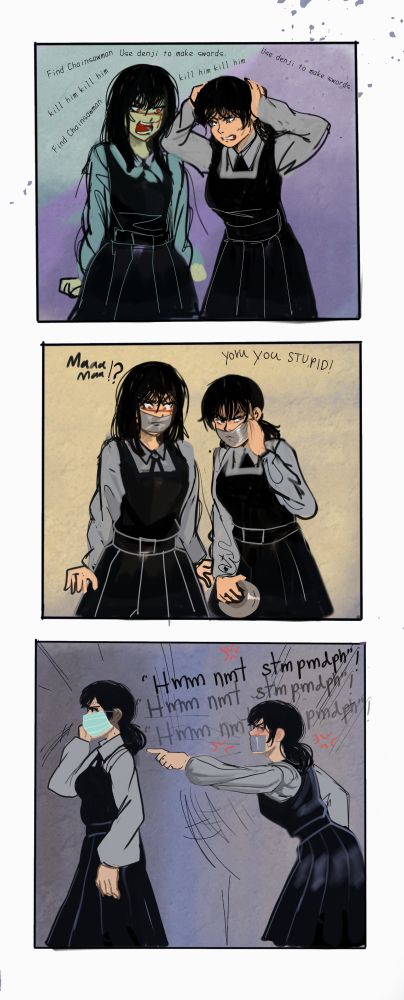 Comic of Yoru and Asa from Chainsaw Man, three panels, with the first being Yoru (as kinda the internal alter ego of Asa) yelling at her to do things relevant to the plot, namely killing denji, something Asa very much does not want to do, and so in response, to shut up Yoru, Asa tapes her own mouth shut, in effect also doing it to Yoru, before putting on a mask and going about her day with the yelling quieted
https://www.pixiv.net/en/artworks/108130042