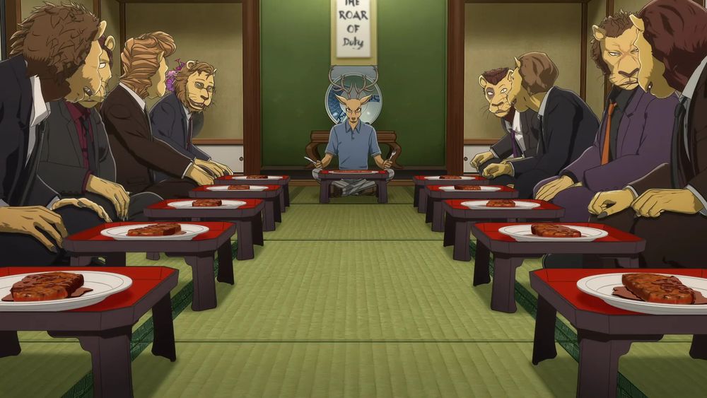 Louis sitting at the head of the lion yakuza in Beastars preparing to eat meat, as a deer