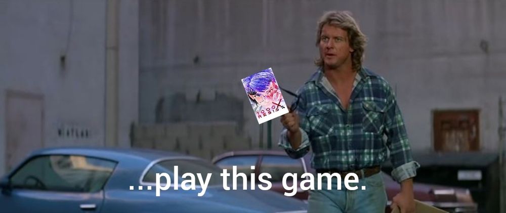Iconic fight scene from They Live, with hit indie game 1000xRESIST superimposed over the glasses
