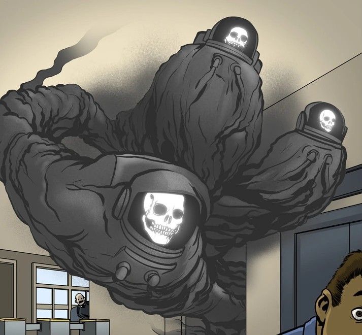 A drawing of three spectral figures, skulls in black astronaut suits, trailing black vapor as they billow down a hallway. These are NASAghasts from Chris Hastings's webcomic Dr. McNinja.