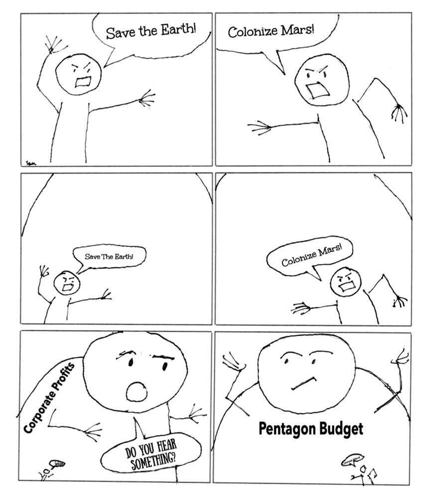 Comic strip of two people arguing while being unheard by people in power