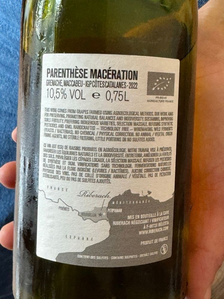 Wine label for Parenthèse Macération by Ribérach. Orange wine. from IGP Côtes Catalanes, Roussillon, France. Grenache, Maccabeu