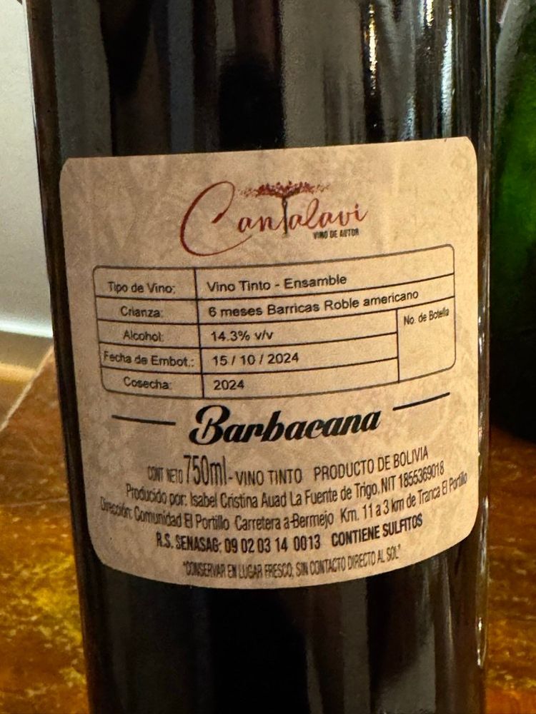 Wine label for Cantalavi by Barbacana. Red wine. from Valle Central de Tarija, Tarija, Bolivia. Syrah, Tannat