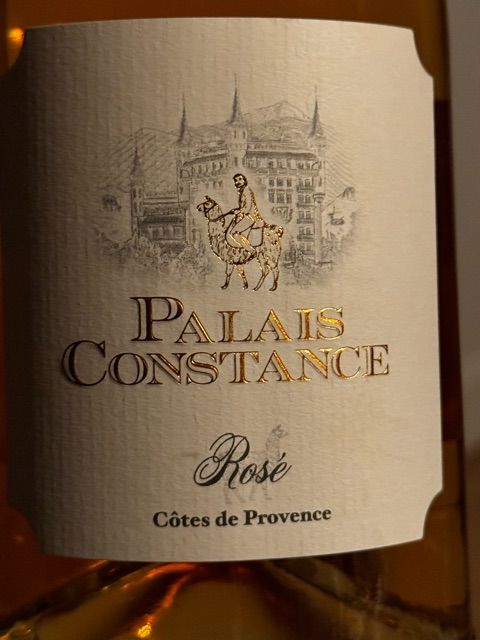 Wine label for Rosé by Palais Constance. Provence Rosé from Côtes de Provence, France. Grenache, Shiraz, Syrah, Cinsault, Tibouren, Rolle.