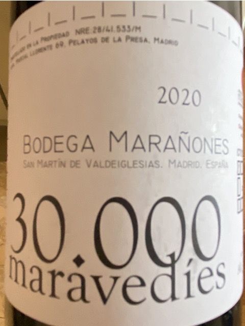 Wine label for Treintamil (30.000) Maravedies by Bodega Marañones. Spanish Rhône Blend Red from Madrid, Spain. Garnacha, Shiraz, Syrah.