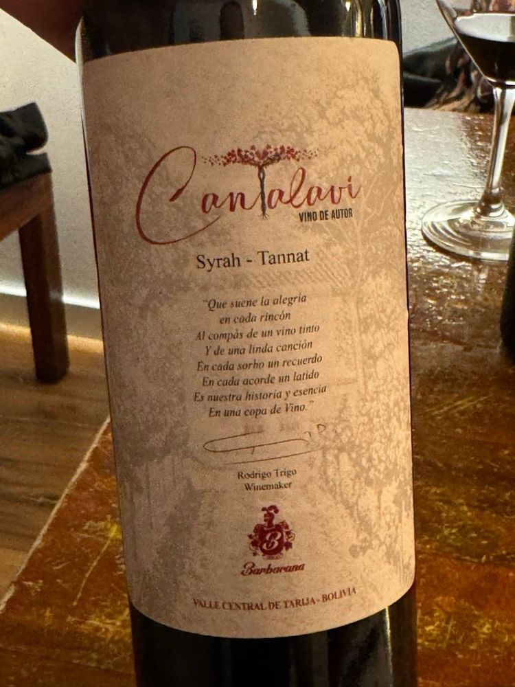 Wine label for Cantalavi by Barbacana. Red wine. from Valle Central de Tarija, Tarija, Bolivia. Syrah, Tannat