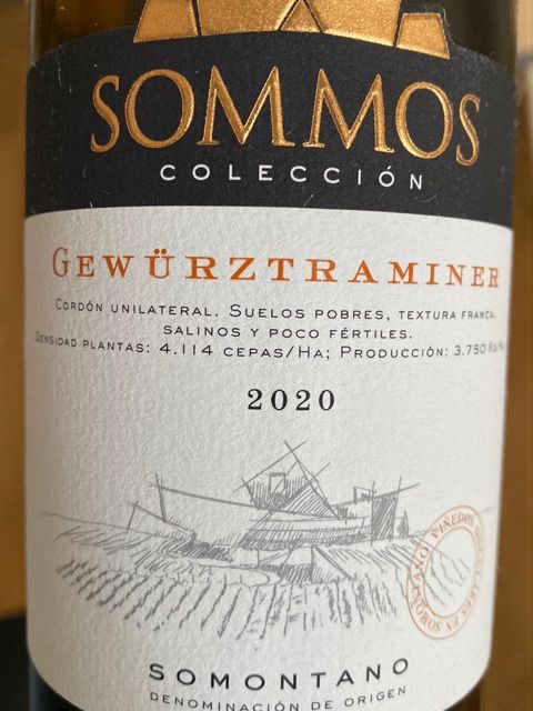 Wine label for Colección Gewürztraminer by Bodega Sommos. Spanish White from Somontano, Spain. Gewürztraminer.